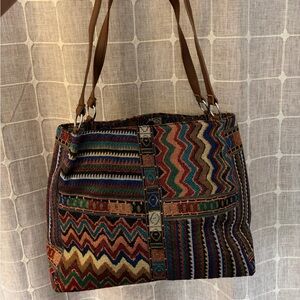 Colorful Chevron Woven Tote Bag with Leather Handles